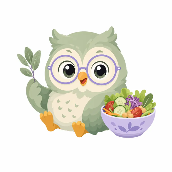 Sage, the Eatsight owl, holding a sage sprig and a bowl of salad